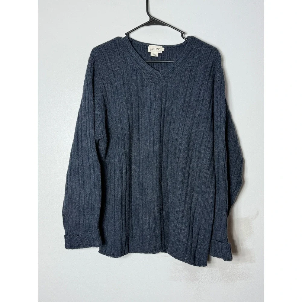 J.Crew Mens 100% Wool Ribbed V-Neck Sweater Blue Charcoal Vintage Large